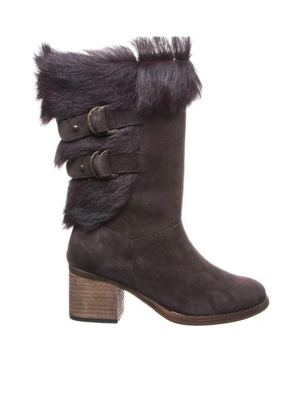 BearPaw Women's Dark Brown Suede Fur-Trim Block Heel Boots